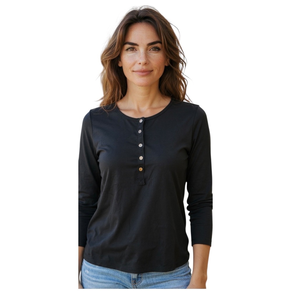 Skinny Girl SZ Small Black 3/4 sleeve‎ buttoned Henley shirt. Basic. Layering - Picture 2 of 10